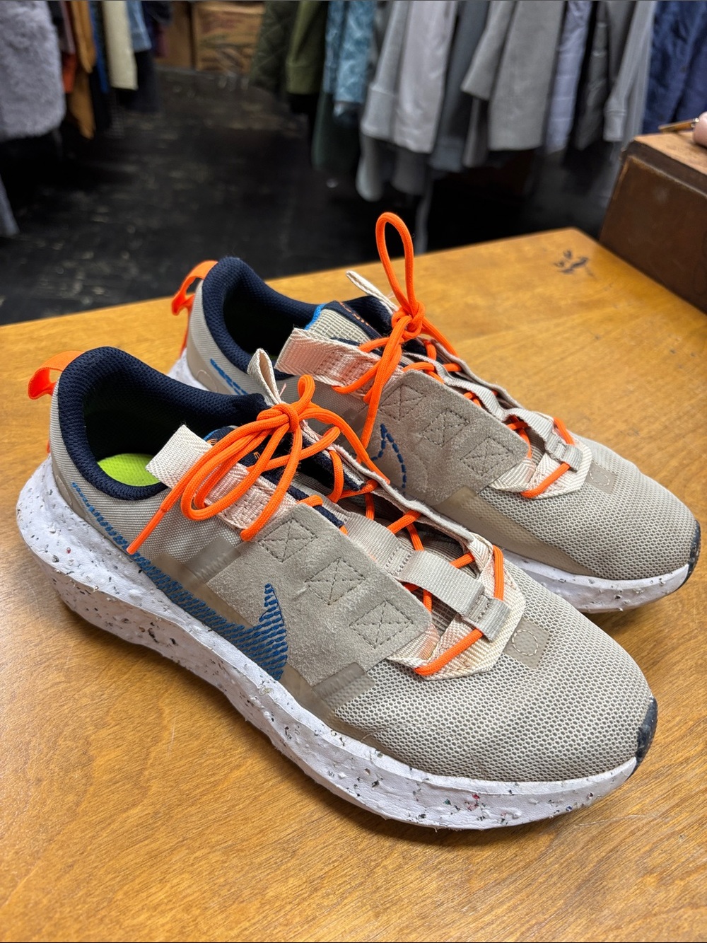 Nike Crater Impact Beige Sneakers with Orange Laces and Blue Swoosh